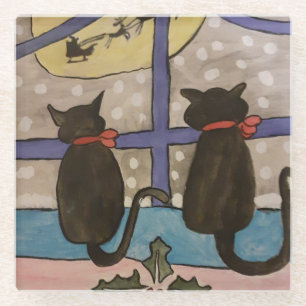 Black Cat Christmas Glass Coaster