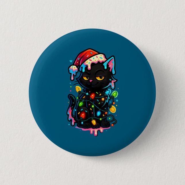 Black Cat Christmas Ice Cream Drip Santa Hat Cute  6 Cm Round Badge (Front)