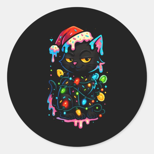 Black Cat Christmas Ice Cream Drip Santa Hat Cute  Classic Round Sticker (Front)