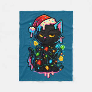 Black Cat Christmas Ice Cream Drip Santa Hat Cute  Fleece Blanket
