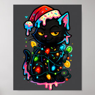 Black Cat Christmas Ice Cream Drip Santa Hat Cute Poster