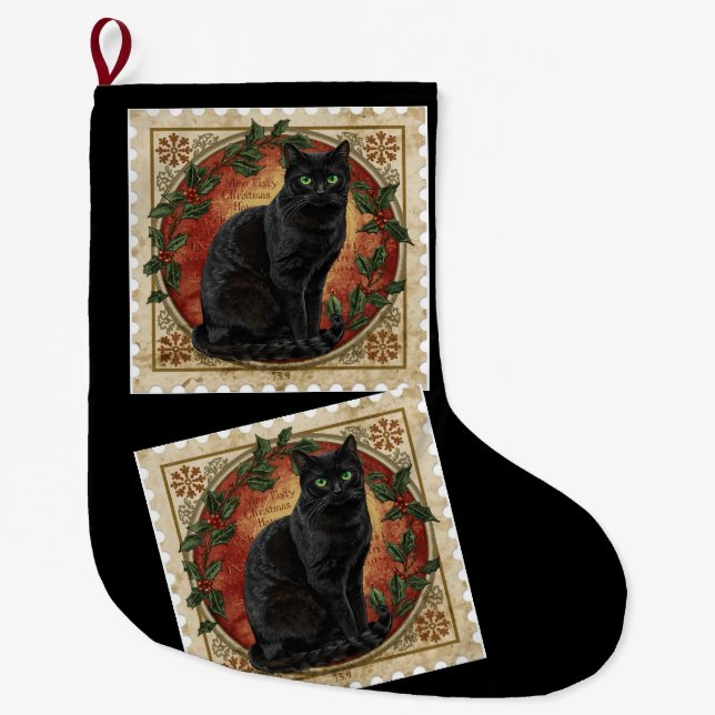 Black cat christmas large christmas stocking (Front)
