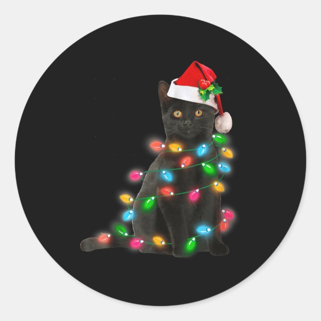 Black Cat Christmas Light Cat Lover Christmas  Classic Round Sticker (Front)