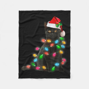 Black Cat Christmas Light Cat Lover Christmas  Fleece Blanket