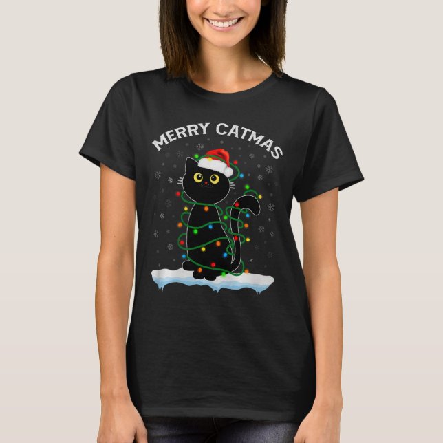 Black Cat Christmas Light Cat Wearing Santa Hat Me T-Shirt (Front)