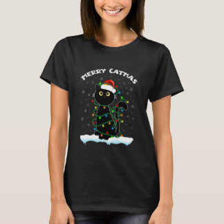 Black Cat Christmas Light Merry Catmas cat Wearing T-Shirt