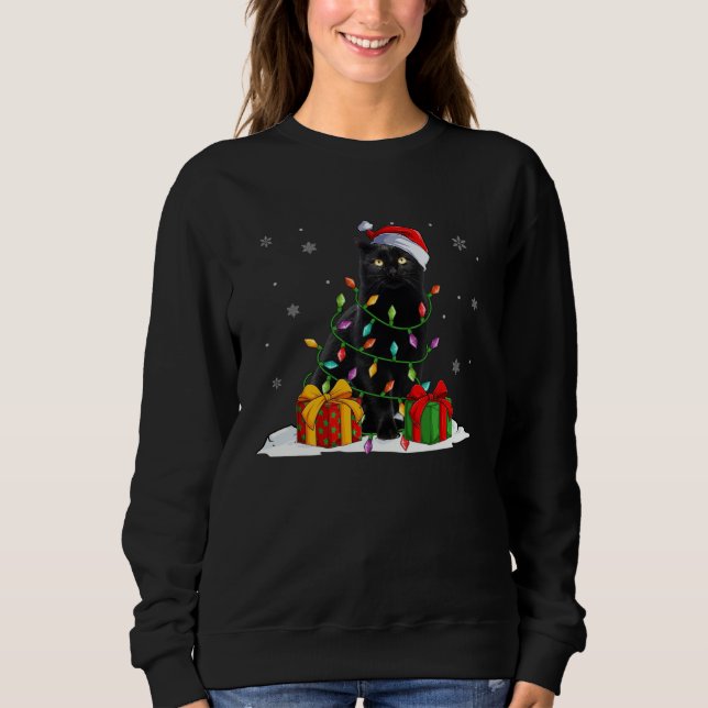 Black Cat Christmas Light  Santa Hat Cat  Xmas Sweatshirt (Front)