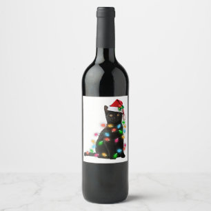 Black Cat christmas light tshirt funny cat lover c Wine Label