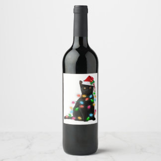 Black Cat christmas light tshirt funny cat lover c Wine Label