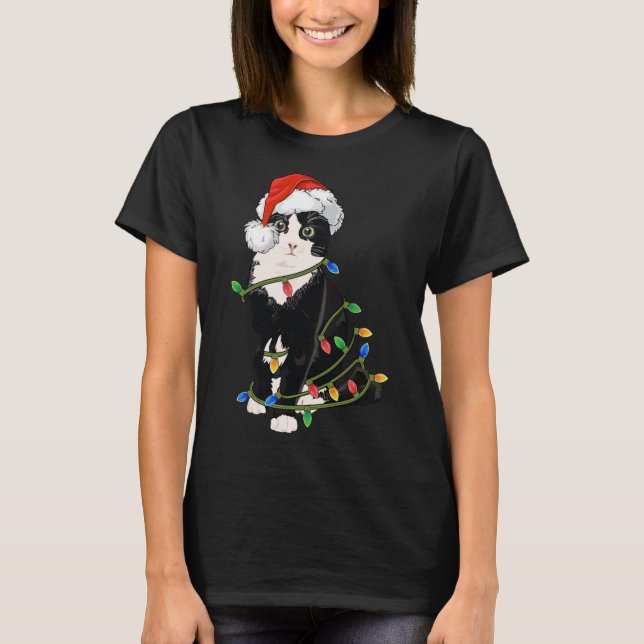 Black Cat Christmas Lights Black Cat Xmas gift T-Shirt (Front)