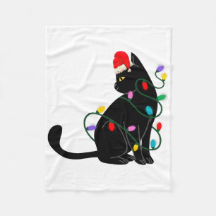 Black Cat Christmas Lights Fun Xmas Santa Cat Fleece Blanket