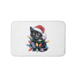 Black Cat Christmas Lights Funny Cat Lover Bath Mat
