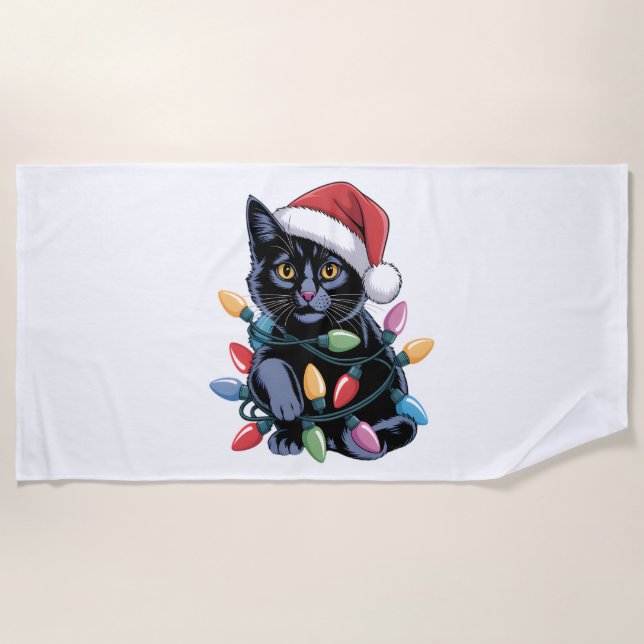 Black Cat Christmas Lights Funny Cat Lover Beach Towel (Front)