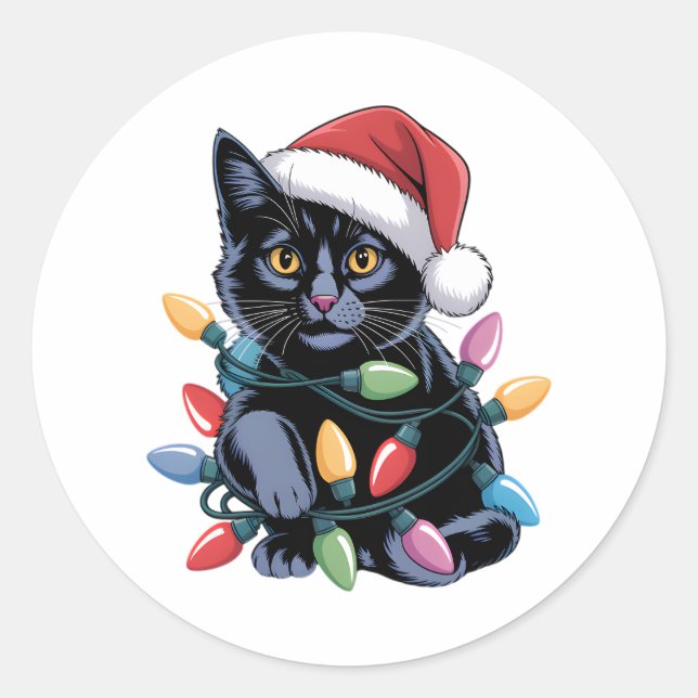 Black Cat Christmas Lights Funny Cat Lover Classic Round Sticker (Front)