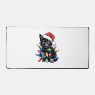 Black Cat Christmas Lights Funny Cat Lover Desk Mat