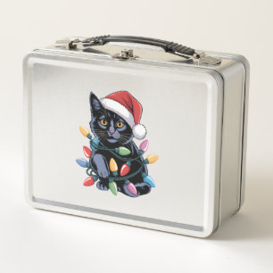 Black Cat Christmas Lights Funny Cat Lover Metal Lunch Box
