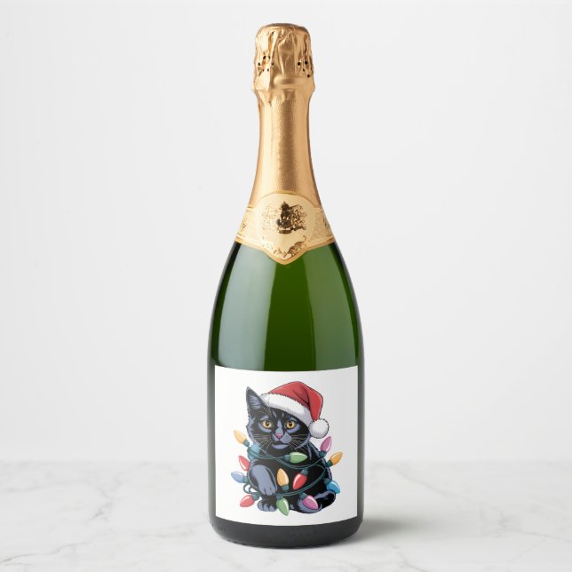Black Cat Christmas Lights Funny Cat Lover Sparkling Wine Label (Front)