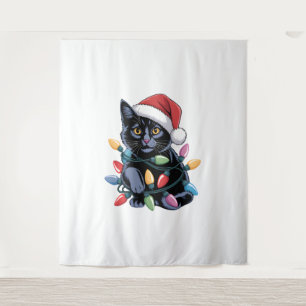 Black Cat Christmas Lights Funny Cat Lover Tapestry