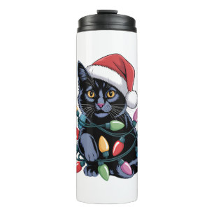 Black Cat Christmas Lights Funny Cat Lover Thermal Tumbler