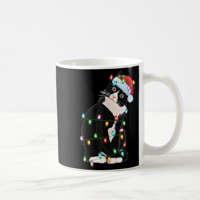 Black Cat Christmas Lights Funny Santa Hat Black C Coffee Mug (Right)