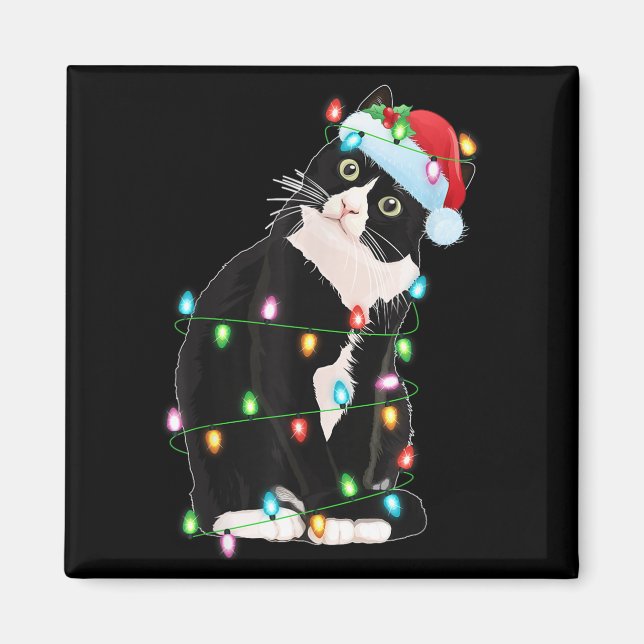 Black Cat Christmas Lights Funny Santa Hat Black C Magnet (Front)