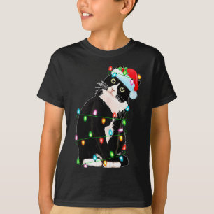 Black Cat Christmas Lights Funny Santa Hat Black C T-Shirt