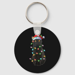 Black Cat Christmas Lights Funny Santa Hat Cat Xma Key Ring