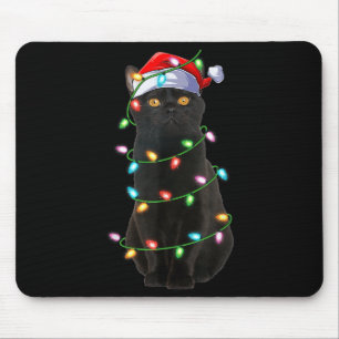 Black Cat Christmas Lights Funny Santa Hat Cat Xma Mouse Pad