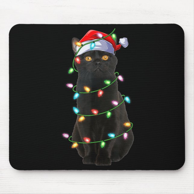 Black Cat Christmas Lights Funny Santa Hat Cat Xma Mouse Pad (Front)