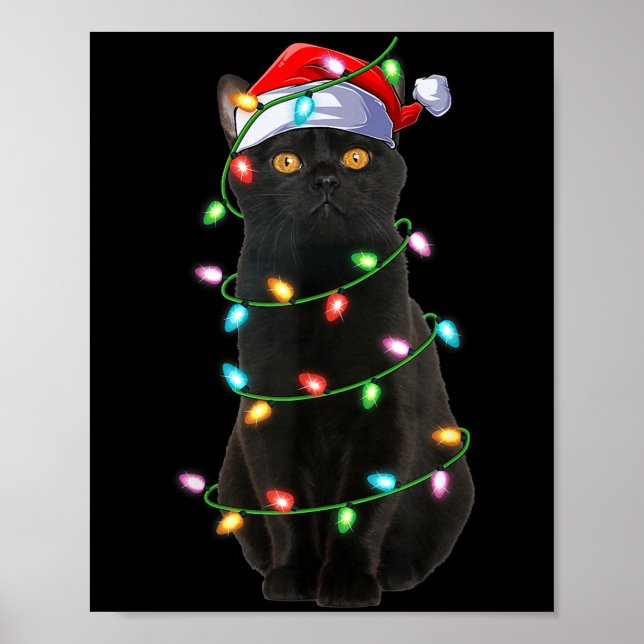 Black Cat Christmas Lights Funny Santa Hat Cat Xma Poster (Front)