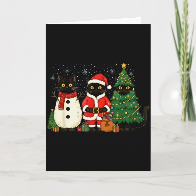 Black Cat Christmas Lights Reindeer Santa Meowy Ca Card (Front)