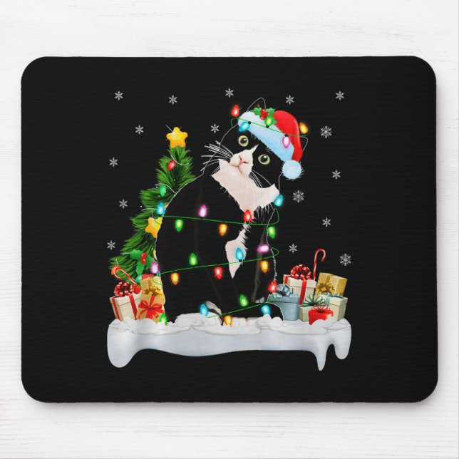 Black Cat Christmas Lights Santa Hat Black Cat Lov Mouse Pad (Front)