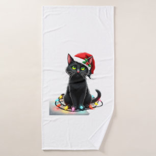 Black Cat Christmas Lights Santa Hat Funny Xmas Ca Bath Towel