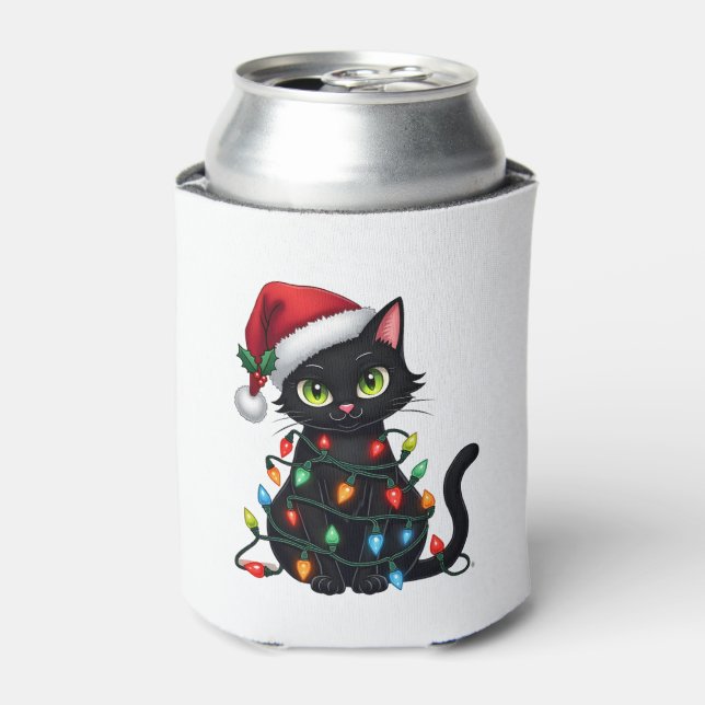 Black Cat Christmas Lights Santa Hat Funny Xmas Ca Can Cooler (Can Front)