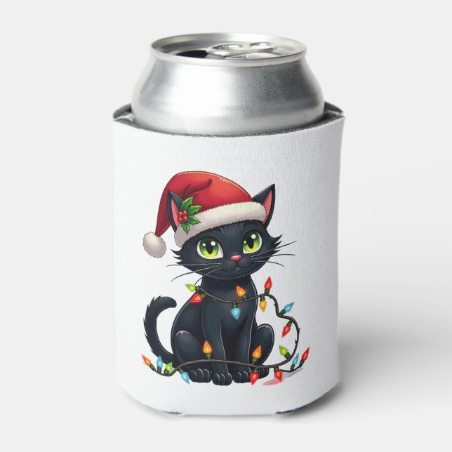 Black Cat Christmas Lights Santa Hat Funny Xmas Ca Can Cooler (Can Front)