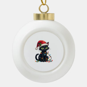 Black Cat Christmas Lights Santa Hat Funny Xmas Ca Ceramic Ball Christmas Ornament