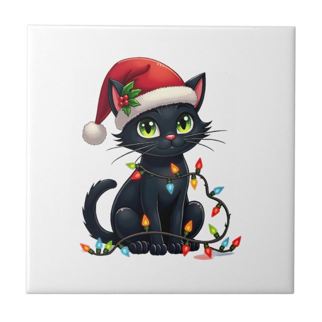 Black Cat Christmas Lights Santa Hat Funny Xmas Ca Ceramic Tile (Front)