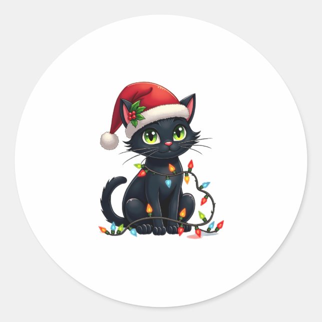 Black Cat Christmas Lights Santa Hat Funny Xmas Ca Classic Round Sticker (Front)