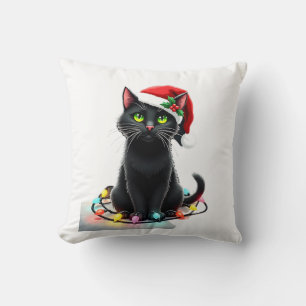 Black Cat Christmas Lights Santa Hat Funny Xmas Ca Cushion
