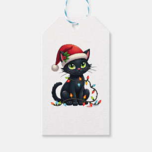 Black Cat Christmas Lights Santa Hat Funny Xmas Ca Gift Tags