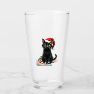 Black Cat Christmas Lights Santa Hat Funny Xmas Ca Glass