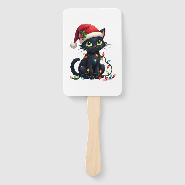 Black Cat Christmas Lights Santa Hat Funny Xmas Ca Hand Fan (Front)