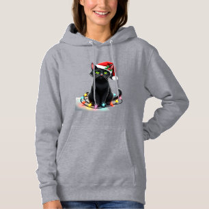 Black Cat Christmas Lights Santa Hat Funny Xmas Ca Hoodie
