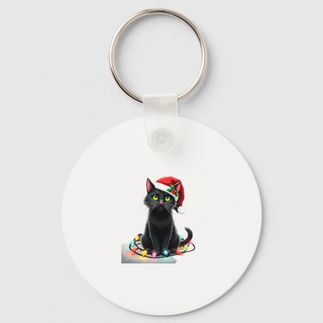 Black Cat Christmas Lights Santa Hat Funny Xmas Ca Key Ring (Front)