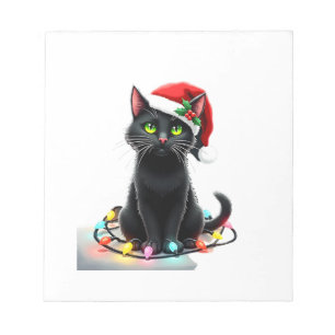 Black Cat Christmas Lights Santa Hat Funny Xmas Ca Notepad