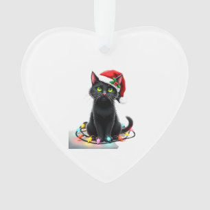 Black Cat Christmas Lights Santa Hat Funny Xmas Ca Ornament
