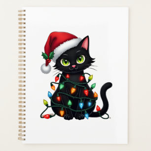 Black Cat Christmas Lights Santa Hat Funny Xmas Ca Planner