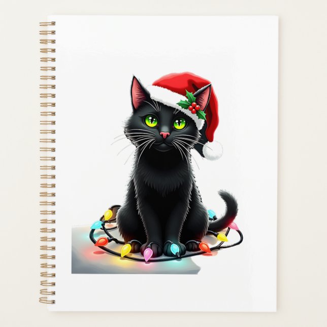 Black Cat Christmas Lights Santa Hat Funny Xmas Ca Planner (Front)
