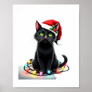 Black Cat Christmas Lights Santa Hat Funny Xmas Ca Poster