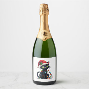 Black Cat Christmas Lights Santa Hat Funny Xmas Ca Sparkling Wine Label